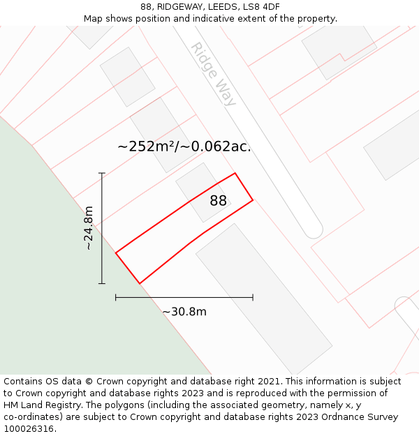 88, RIDGEWAY, LEEDS, LS8 4DF: Plot and title map