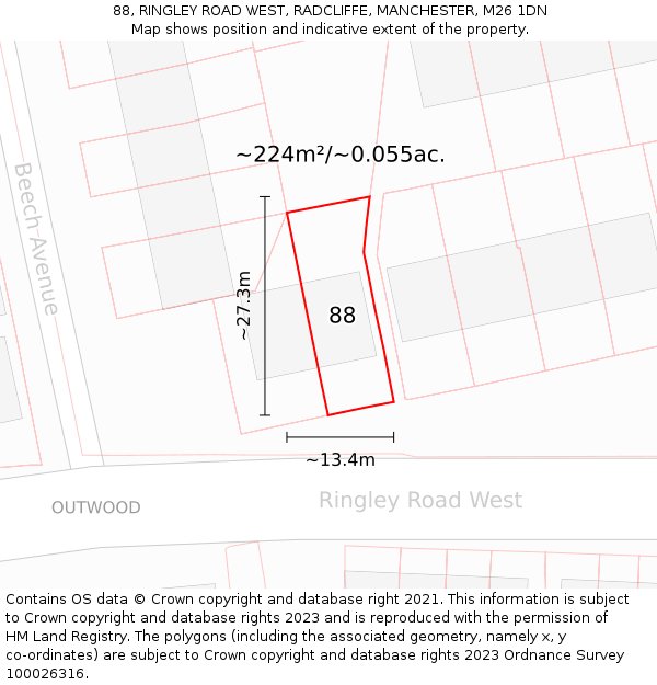 88, RINGLEY ROAD WEST, RADCLIFFE, MANCHESTER, M26 1DN: Plot and title map