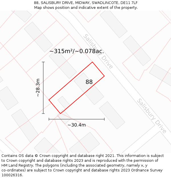 88, SALISBURY DRIVE, MIDWAY, SWADLINCOTE, DE11 7LF: Plot and title map