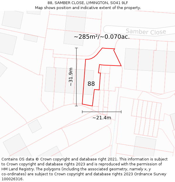 88, SAMBER CLOSE, LYMINGTON, SO41 9LF: Plot and title map