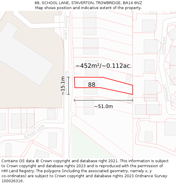 88, SCHOOL LANE, STAVERTON, TROWBRIDGE, BA14 6NZ: Plot and title map
