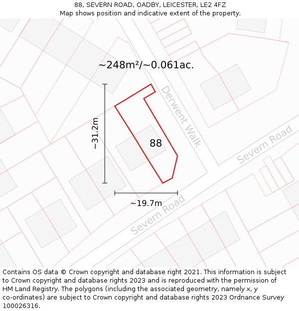 88, SEVERN ROAD, OADBY, LEICESTER, LE2 4FZ: Plot and title map