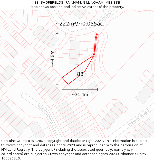 88, SHOREFIELDS, RAINHAM, GILLINGHAM, ME8 8SB: Plot and title map