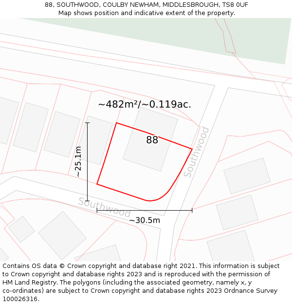 88, SOUTHWOOD, COULBY NEWHAM, MIDDLESBROUGH, TS8 0UF: Plot and title map
