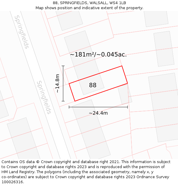 88, SPRINGFIELDS, WALSALL, WS4 1LB: Plot and title map