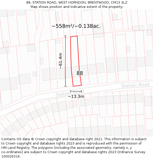 88, STATION ROAD, WEST HORNDON, BRENTWOOD, CM13 3LZ: Plot and title map