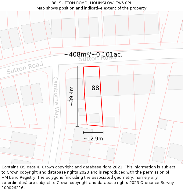 88, SUTTON ROAD, HOUNSLOW, TW5 0PL: Plot and title map