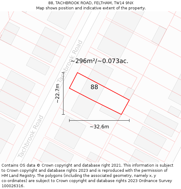 88, TACHBROOK ROAD, FELTHAM, TW14 9NX: Plot and title map