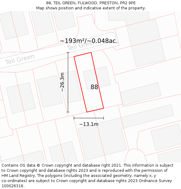 88, TEIL GREEN, FULWOOD, PRESTON, PR2 9PE: Plot and title map