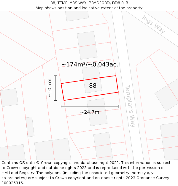 88, TEMPLARS WAY, BRADFORD, BD8 0LR: Plot and title map