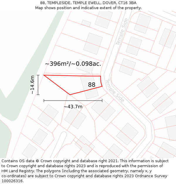 88, TEMPLESIDE, TEMPLE EWELL, DOVER, CT16 3BA: Plot and title map