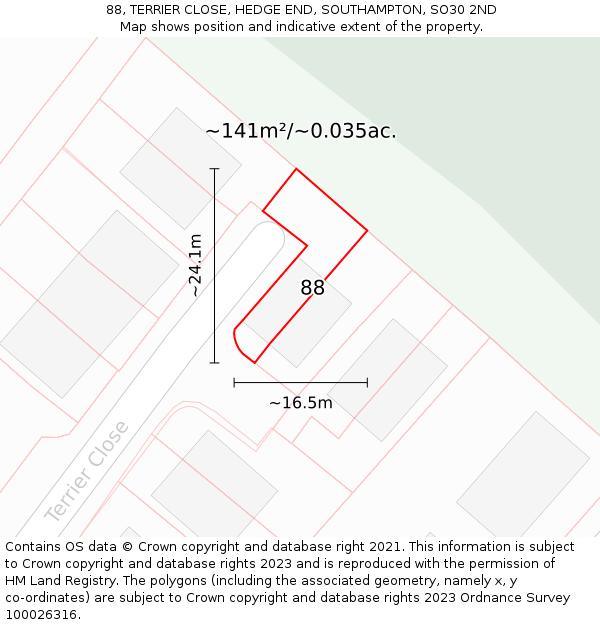 88, TERRIER CLOSE, HEDGE END, SOUTHAMPTON, SO30 2ND: Plot and title map