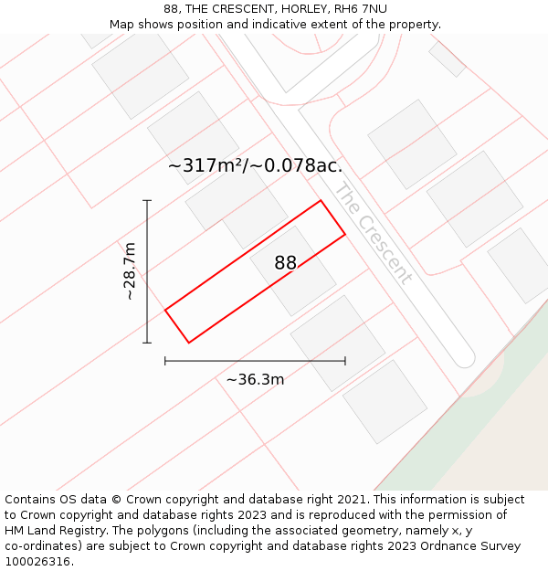 88, THE CRESCENT, HORLEY, RH6 7NU: Plot and title map