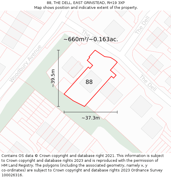 88, THE DELL, EAST GRINSTEAD, RH19 3XP: Plot and title map