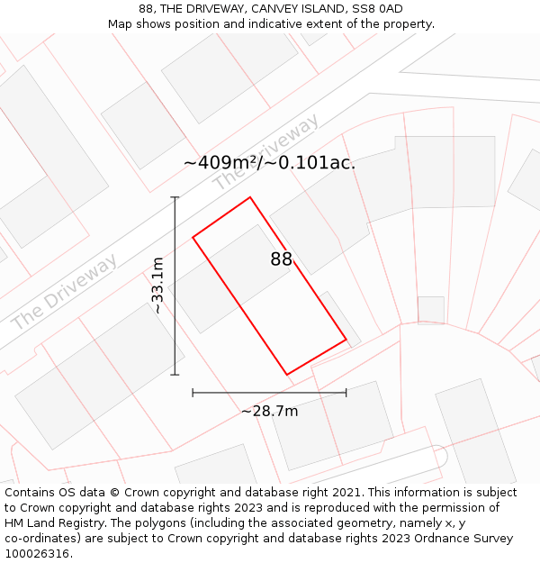 88, THE DRIVEWAY, CANVEY ISLAND, SS8 0AD: Plot and title map