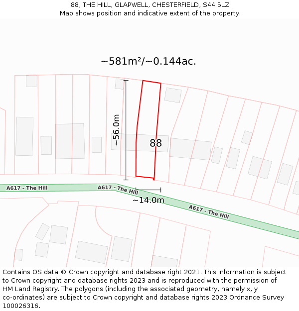 88, THE HILL, GLAPWELL, CHESTERFIELD, S44 5LZ: Plot and title map