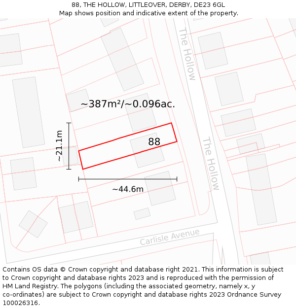 88, THE HOLLOW, LITTLEOVER, DERBY, DE23 6GL: Plot and title map