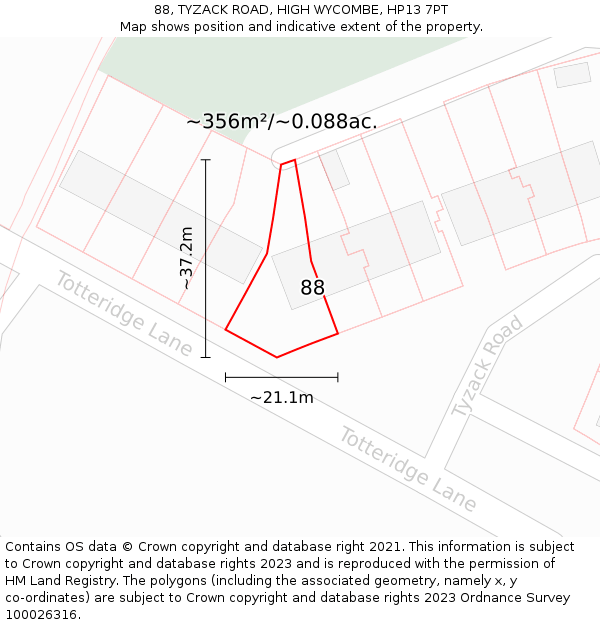 88, TYZACK ROAD, HIGH WYCOMBE, HP13 7PT: Plot and title map