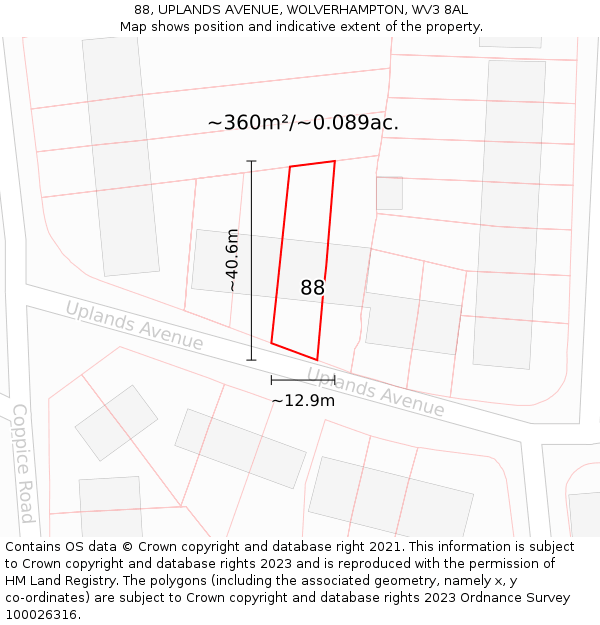88, UPLANDS AVENUE, WOLVERHAMPTON, WV3 8AL: Plot and title map