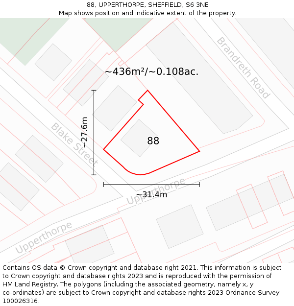 88, UPPERTHORPE, SHEFFIELD, S6 3NE: Plot and title map