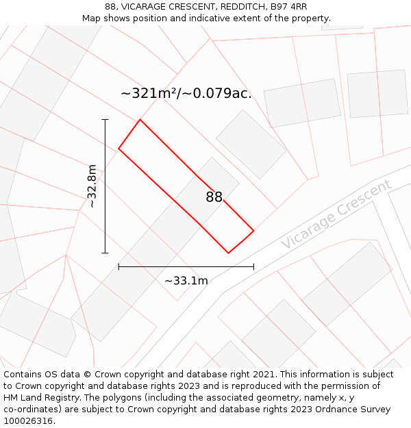 88, VICARAGE CRESCENT, REDDITCH, B97 4RR: Plot and title map