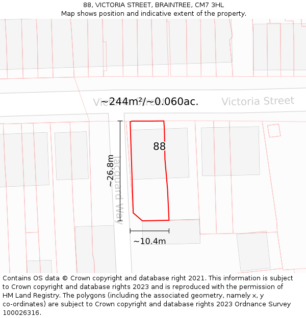 88, VICTORIA STREET, BRAINTREE, CM7 3HL: Plot and title map