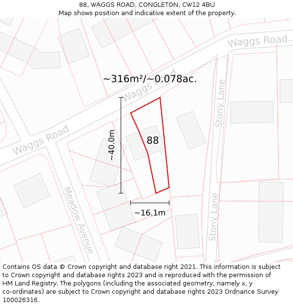 88, WAGGS ROAD, CONGLETON, CW12 4BU: Plot and title map