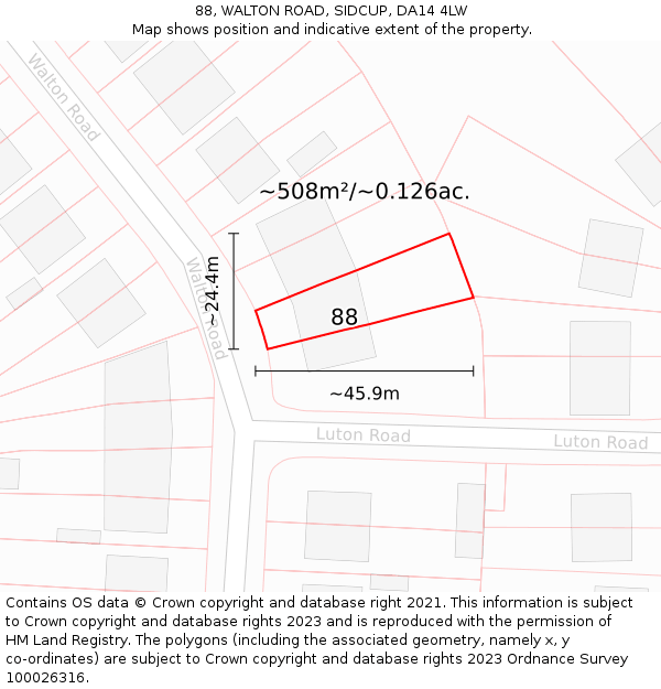 88, WALTON ROAD, SIDCUP, DA14 4LW: Plot and title map