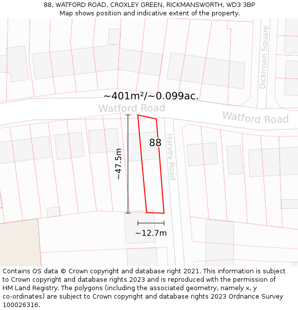88, WATFORD ROAD, CROXLEY GREEN, RICKMANSWORTH, WD3 3BP: Plot and title map