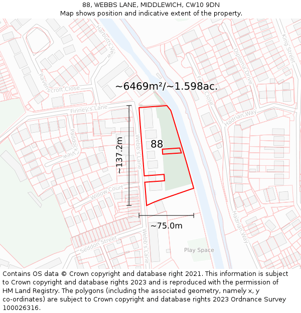 88, WEBBS LANE, MIDDLEWICH, CW10 9DN: Plot and title map