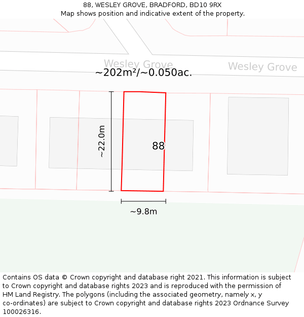 88, WESLEY GROVE, BRADFORD, BD10 9RX: Plot and title map