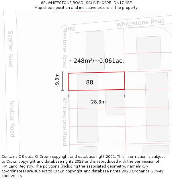 88, WHITESTONE ROAD, SCUNTHORPE, DN17 1RE: Plot and title map