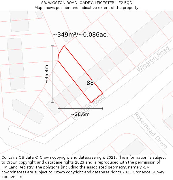88, WIGSTON ROAD, OADBY, LEICESTER, LE2 5QD: Plot and title map