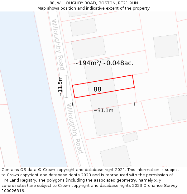 88, WILLOUGHBY ROAD, BOSTON, PE21 9HN: Plot and title map