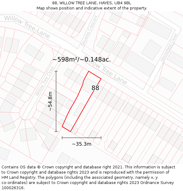 88, WILLOW TREE LANE, HAYES, UB4 9BL: Plot and title map