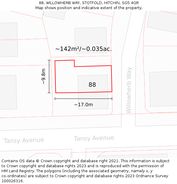 88, WILLOWHERB WAY, STOTFOLD, HITCHIN, SG5 4GR: Plot and title map