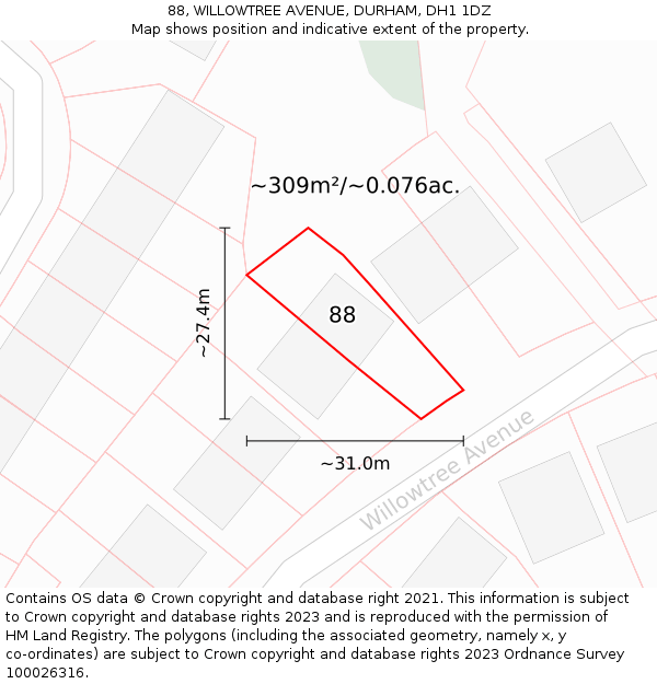 88, WILLOWTREE AVENUE, DURHAM, DH1 1DZ: Plot and title map