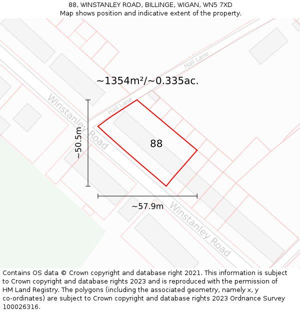 88, WINSTANLEY ROAD, BILLINGE, WIGAN, WN5 7XD: Plot and title map