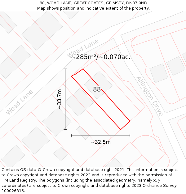 88, WOAD LANE, GREAT COATES, GRIMSBY, DN37 9ND: Plot and title map