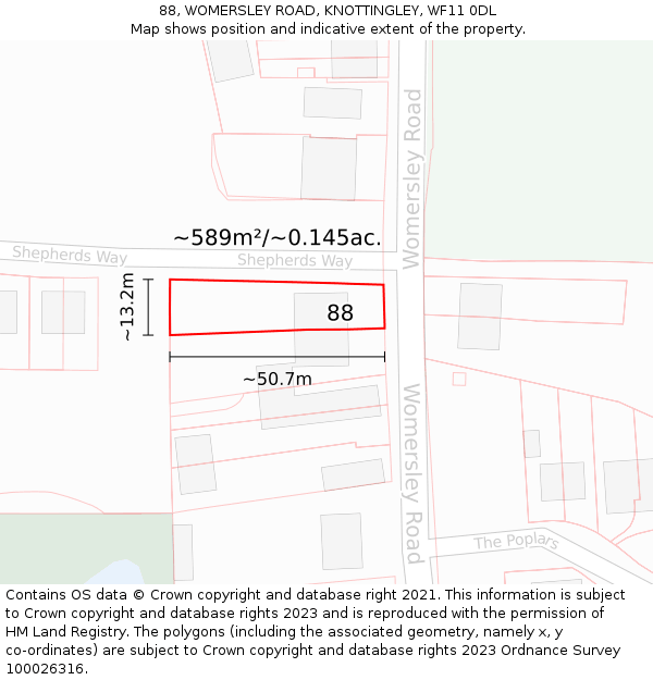 88, WOMERSLEY ROAD, KNOTTINGLEY, WF11 0DL: Plot and title map