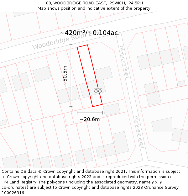 88, WOODBRIDGE ROAD EAST, IPSWICH, IP4 5PH: Plot and title map