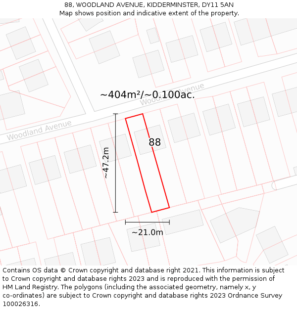 88, WOODLAND AVENUE, KIDDERMINSTER, DY11 5AN: Plot and title map