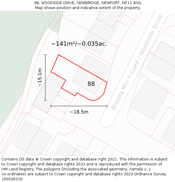 88, WOODSIDE DRIVE, NEWBRIDGE, NEWPORT, NP11 4NQ: Plot and title map