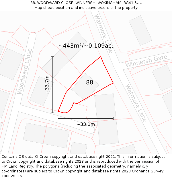 88, WOODWARD CLOSE, WINNERSH, WOKINGHAM, RG41 5UU: Plot and title map