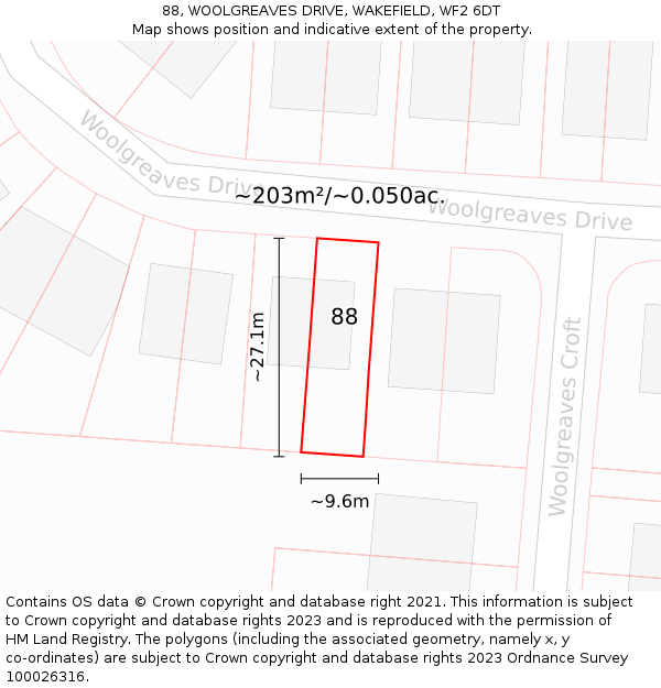 88, WOOLGREAVES DRIVE, WAKEFIELD, WF2 6DT: Plot and title map