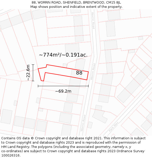 88, WORRIN ROAD, SHENFIELD, BRENTWOOD, CM15 8JL: Plot and title map