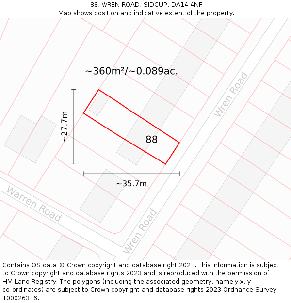 88, WREN ROAD, SIDCUP, DA14 4NF: Plot and title map