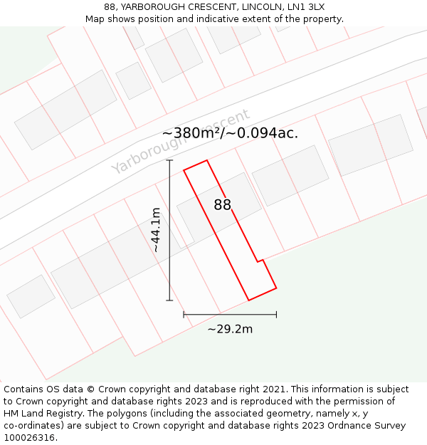 88, YARBOROUGH CRESCENT, LINCOLN, LN1 3LX: Plot and title map