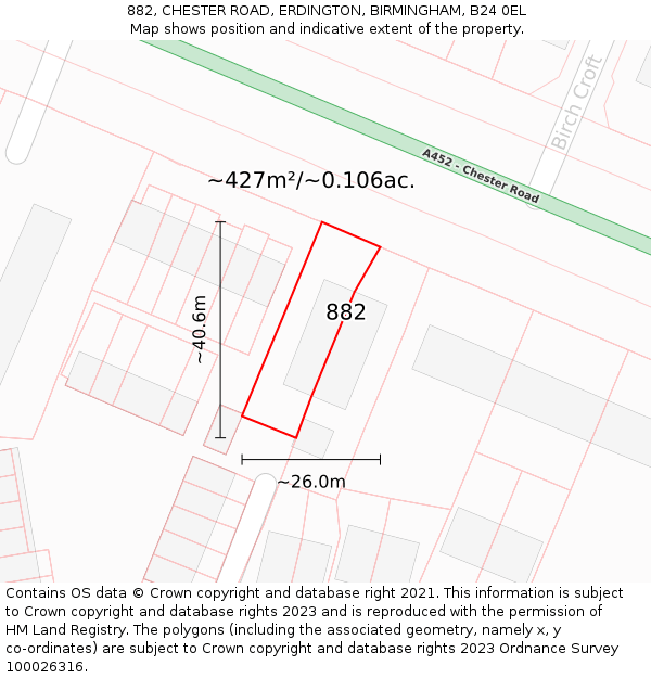 882, CHESTER ROAD, ERDINGTON, BIRMINGHAM, B24 0EL: Plot and title map