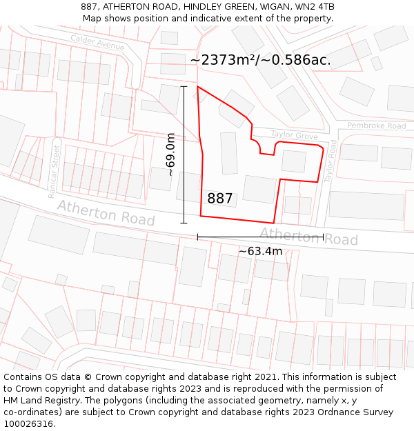 887, ATHERTON ROAD, HINDLEY GREEN, WIGAN, WN2 4TB: Plot and title map